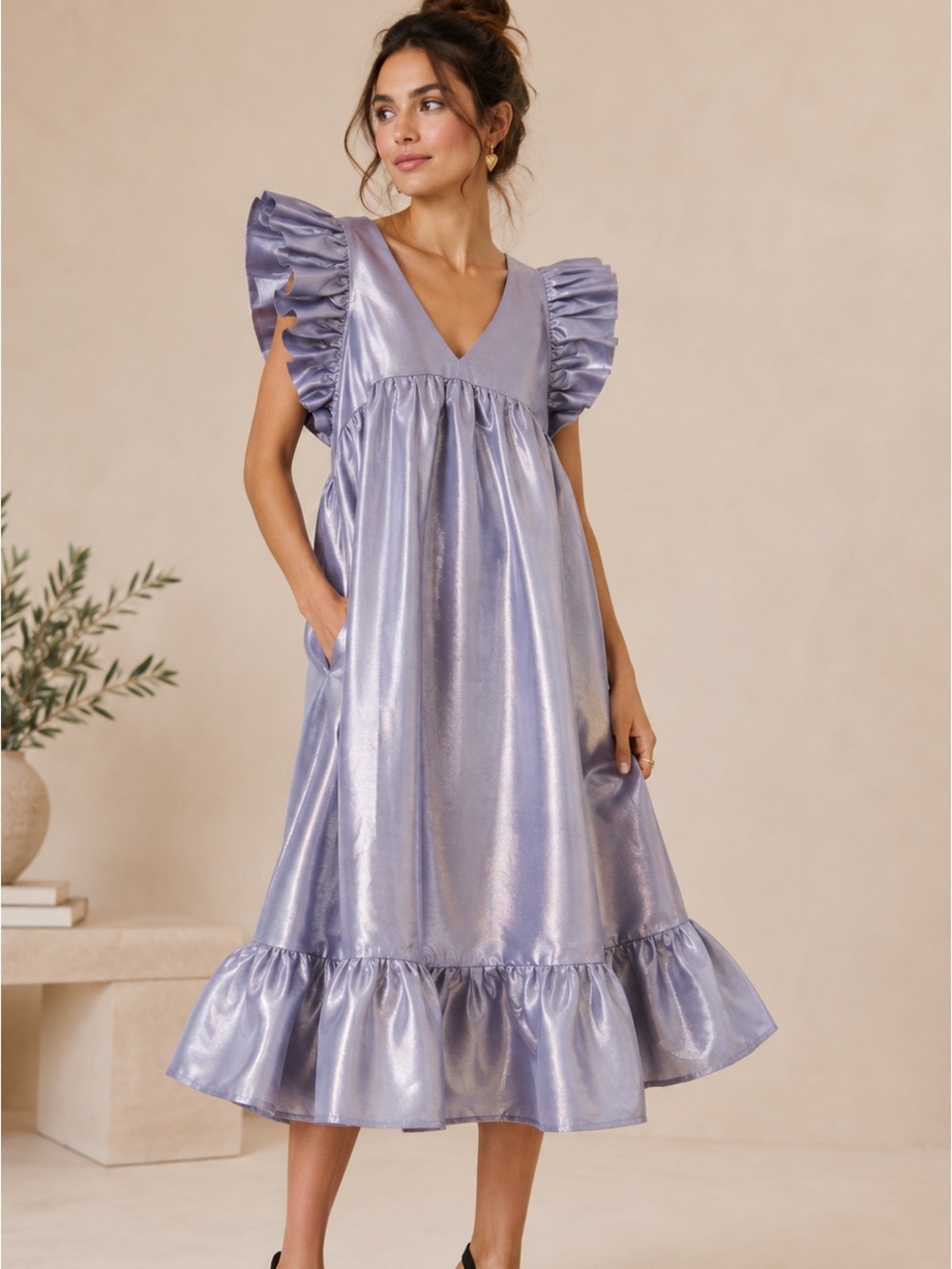 Dhruv Kapoor Anthropologie Metallic Purple Babydoll Midi Dress Size Small